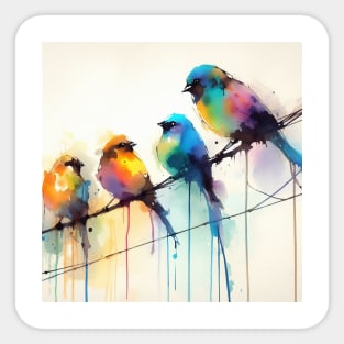 Colorful little birds on a wire in wet watercolor Sticker